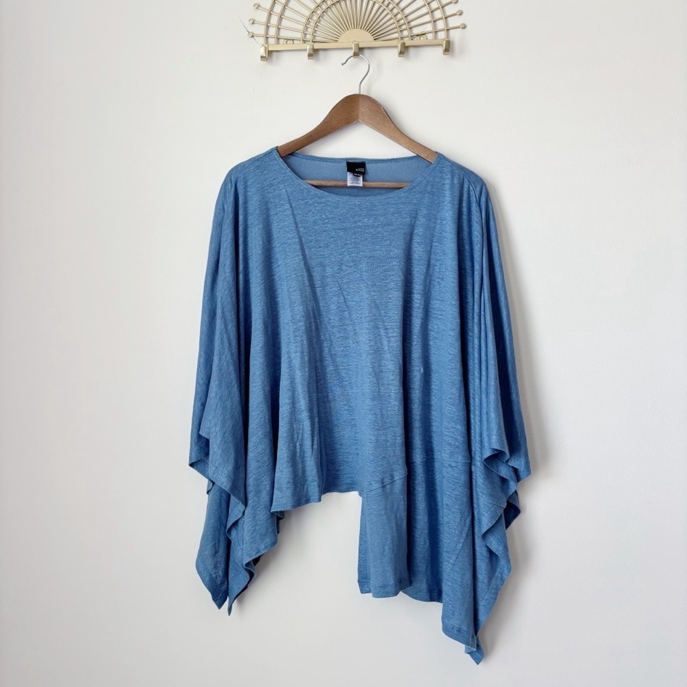 Lisa Bayne Blue Linen Asymmetrical Layering Cape XS S Spring Lagenlook